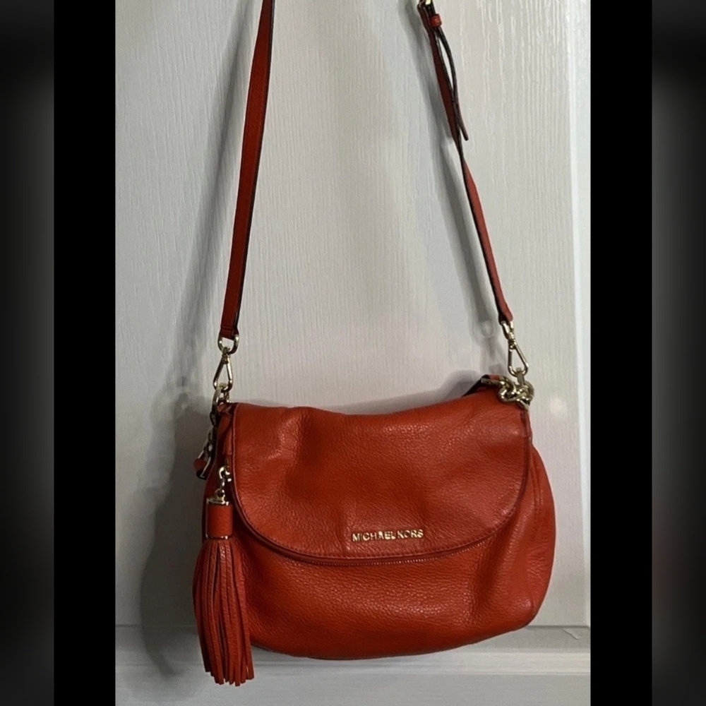 Michael Kors Purse Red Orange Bedford Leather Tassel Crossbody Bag Saddle - Picture 4 of 14
